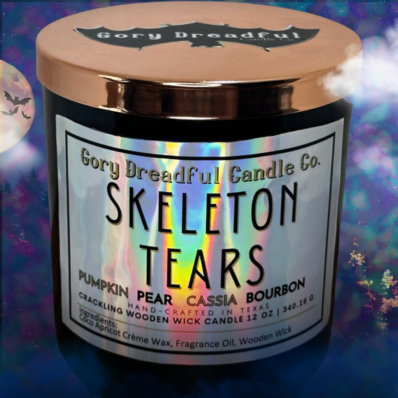 Skeleton Tears Crackling Wooden Wick Candle: Pumpkin Pear Cassia Bourbon Scent - Picture 7 of 10